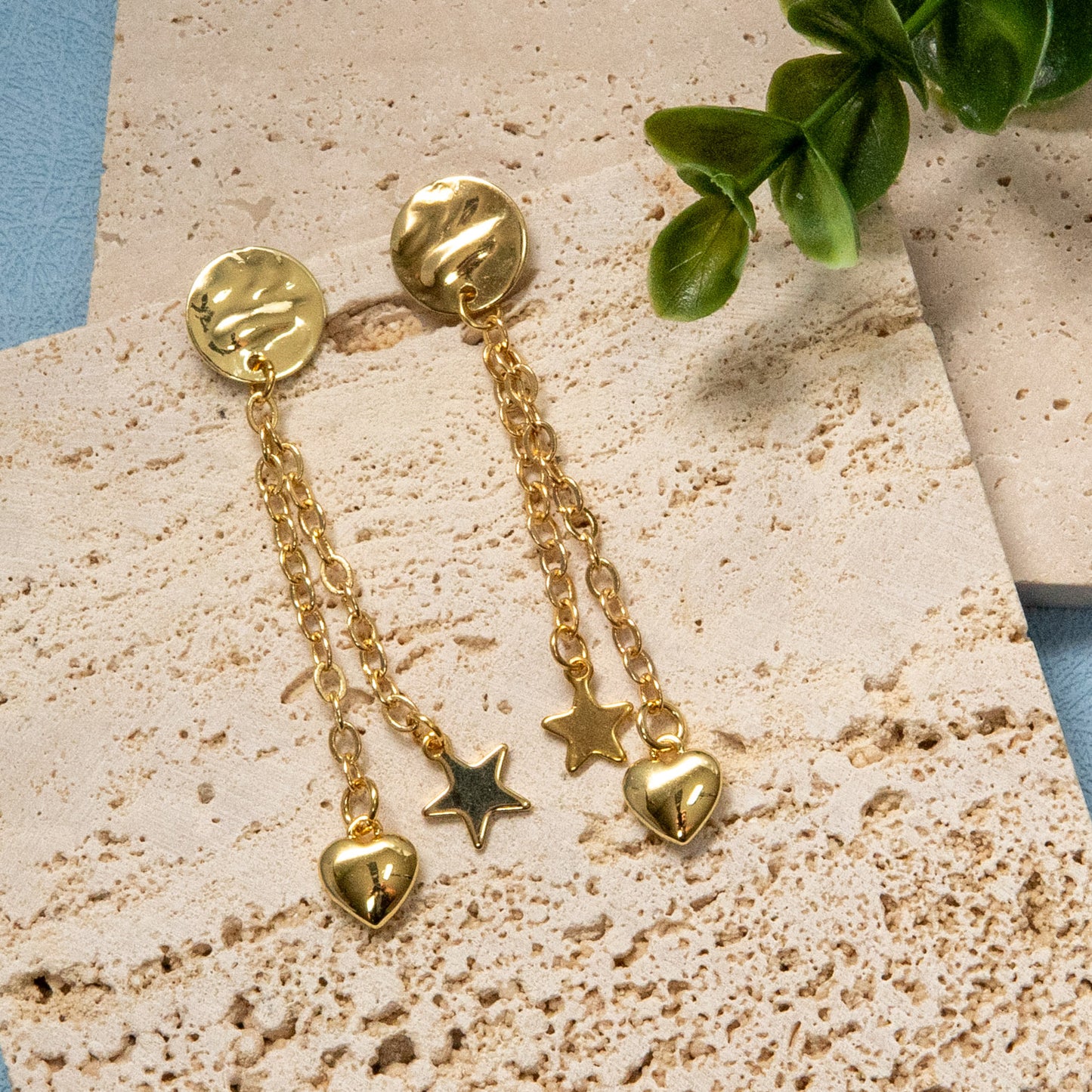 Charming Gold Star and Heart Dangle Earrings