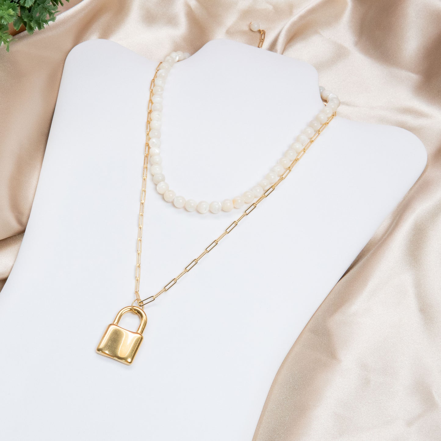 Mother Pearl Gold Lock Layered Necklace