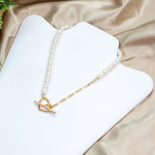 Cultured Pearl & Gold Heart Choker Necklace