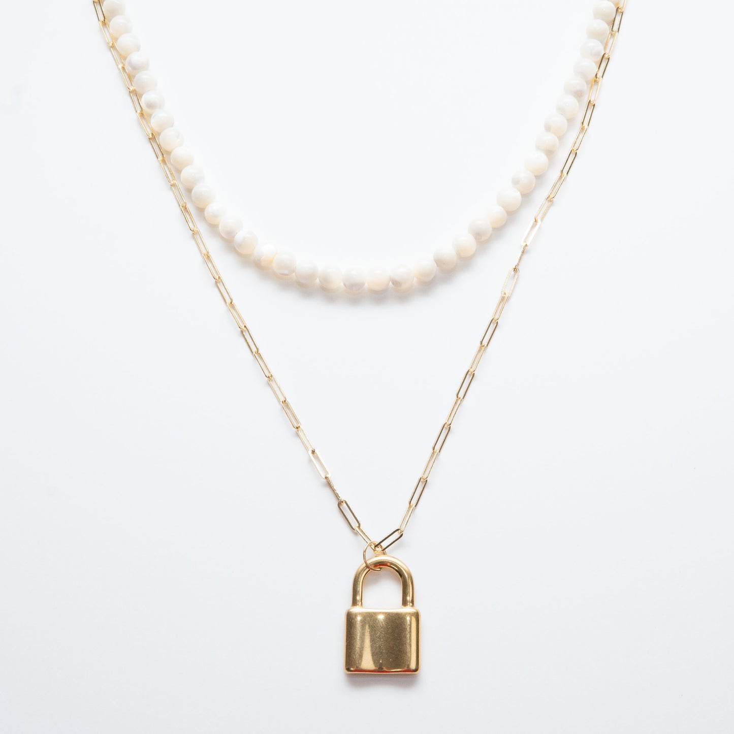 Mother Pearl Gold Lock Layered Necklace