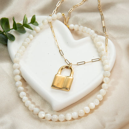 Mother Pearl Gold Lock Layered Necklace