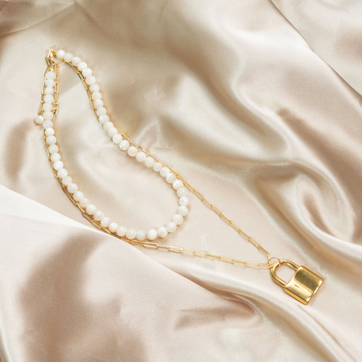 Mother Pearl Gold Lock Layered Necklace