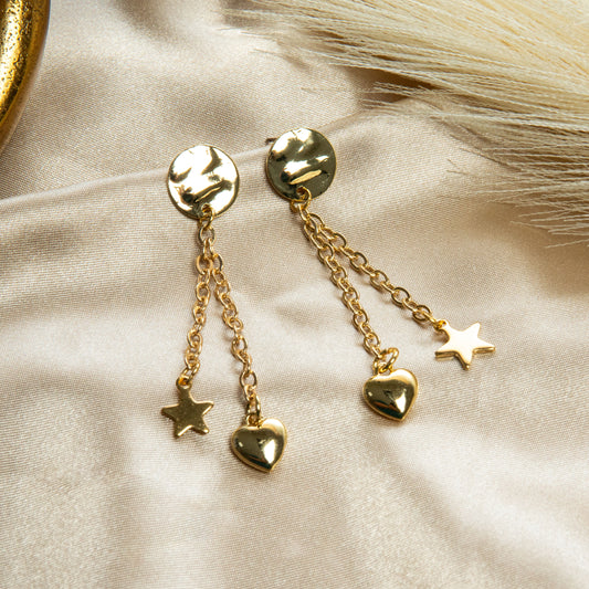 Charming Gold Star and Heart Dangle Earrings